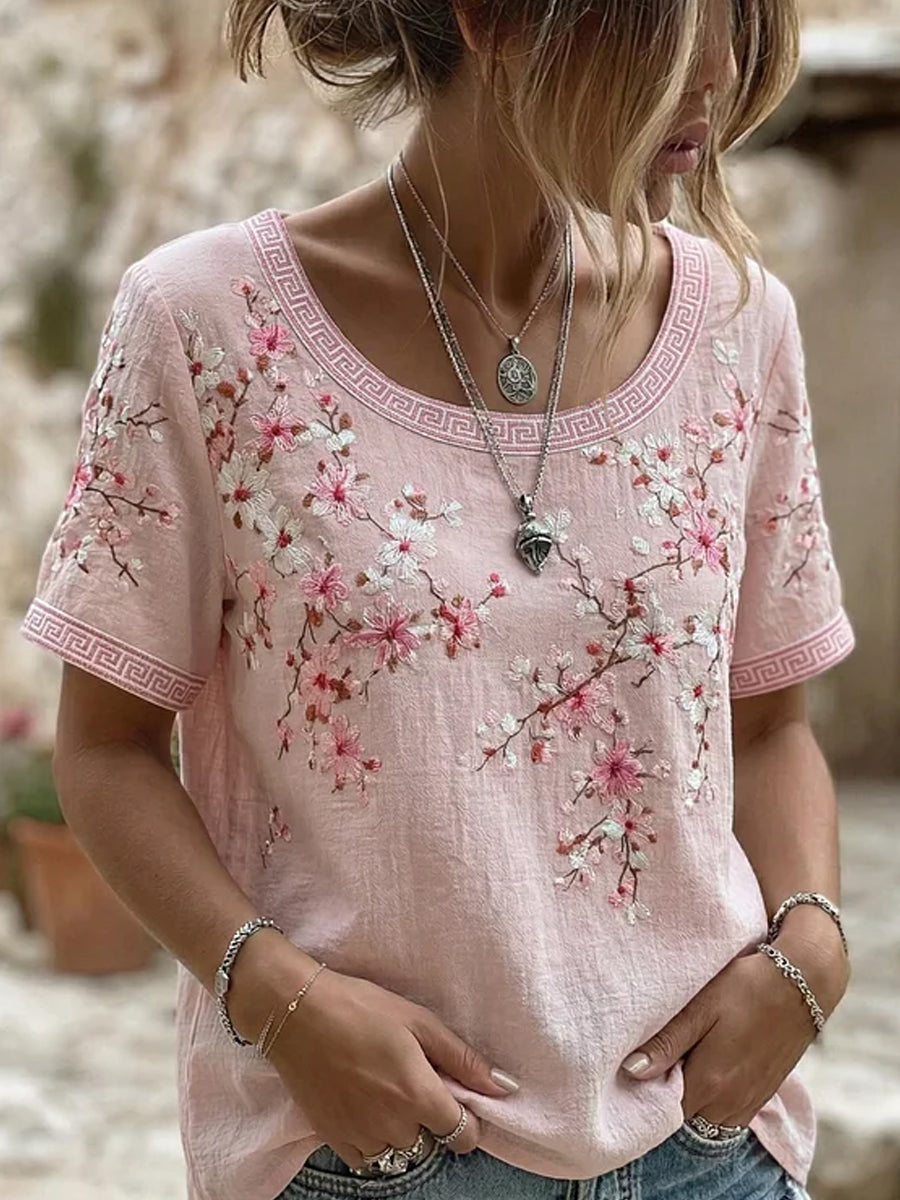 Casual T-shirt van katoen-linnen met retro bloemenkunstprint