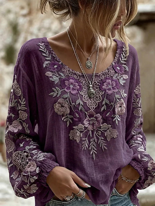 Retro bloemen kunstprint, casual top van katoen-linnen