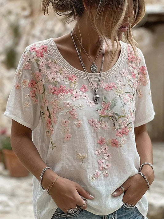 Casual T-shirt van katoen-linnen met retro bloemenkunstprint