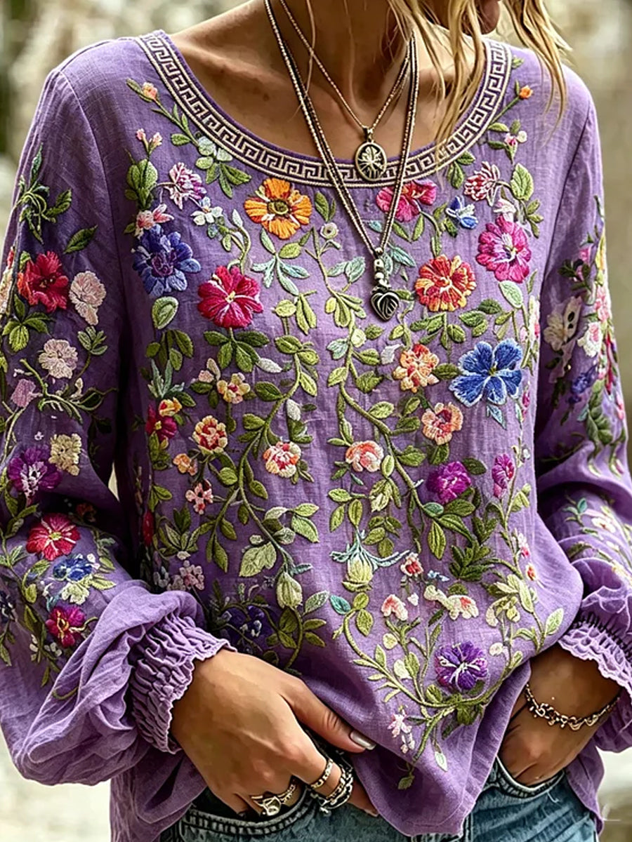 Retro bloemen kunstprint, casual top van katoen-linnen