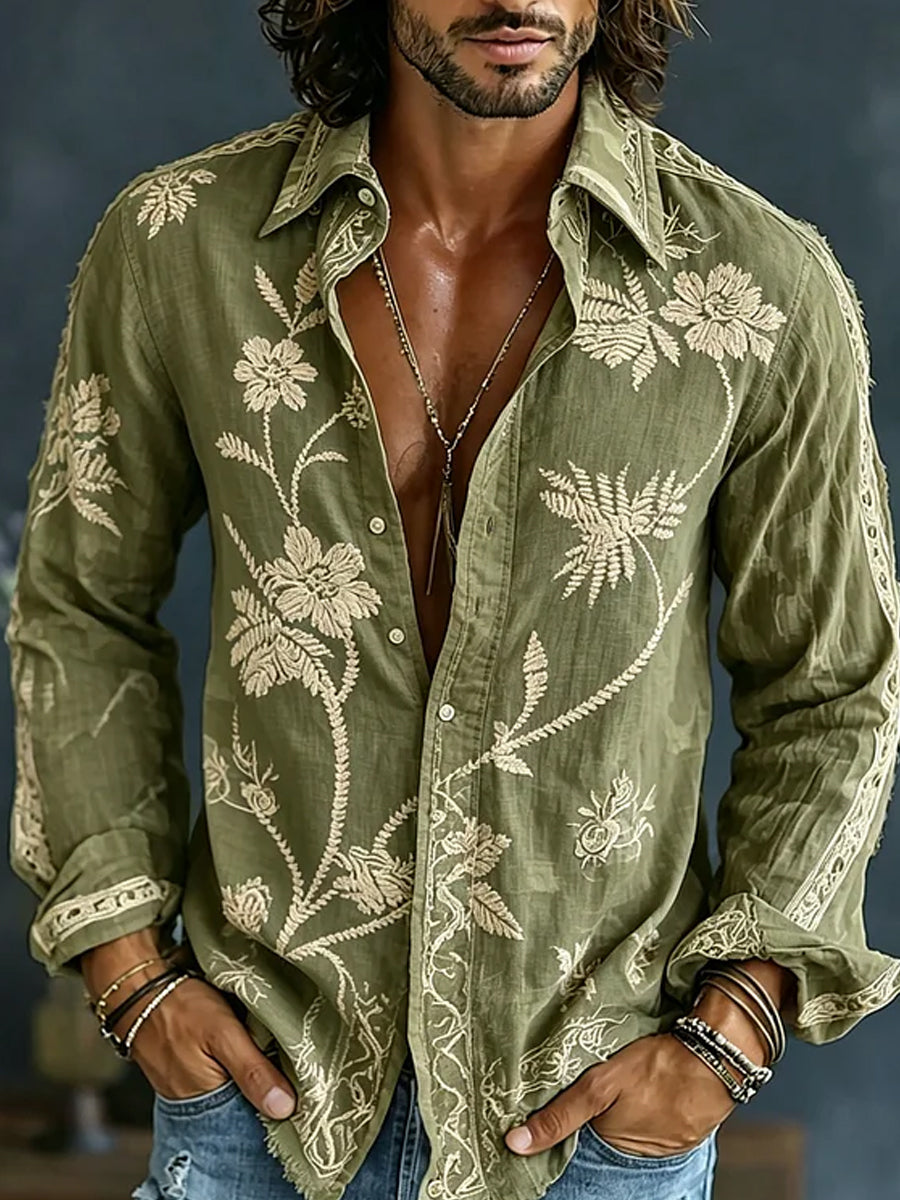 Casual katoenen linnen overhemd met retro stijl geborduurde kunstafdruk