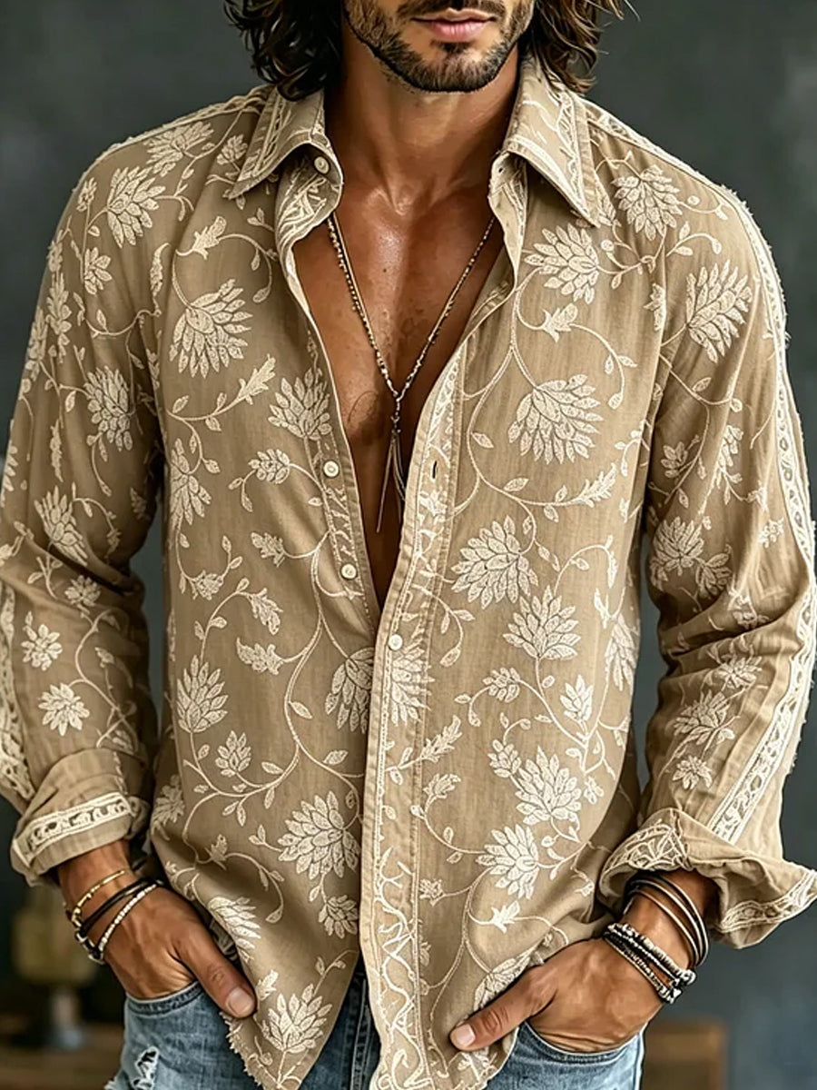 Casual katoenen-linnen shirt met retro stijl geborduurde kunstprint