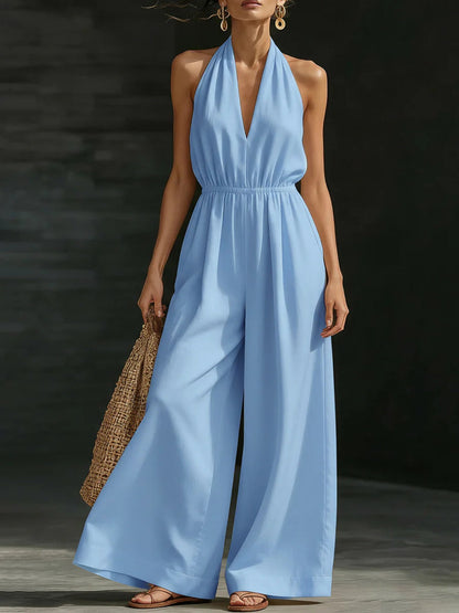 Casual Effen Kleur V-Hals Halter Rugloze Jumpsuit voor Dames