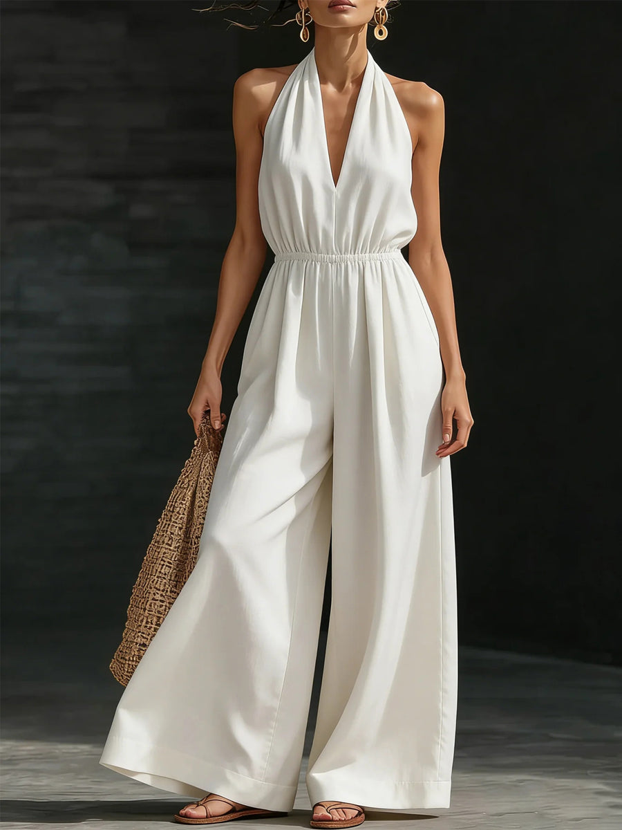Casual Effen Kleur V-Hals Halter Rugloze Jumpsuit voor Dames