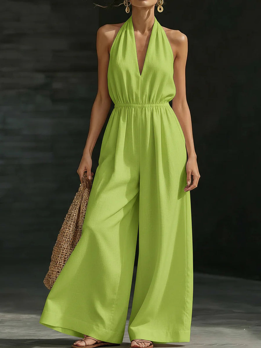 Casual Effen Kleur V-Hals Halter Rugloze Jumpsuit voor Dames