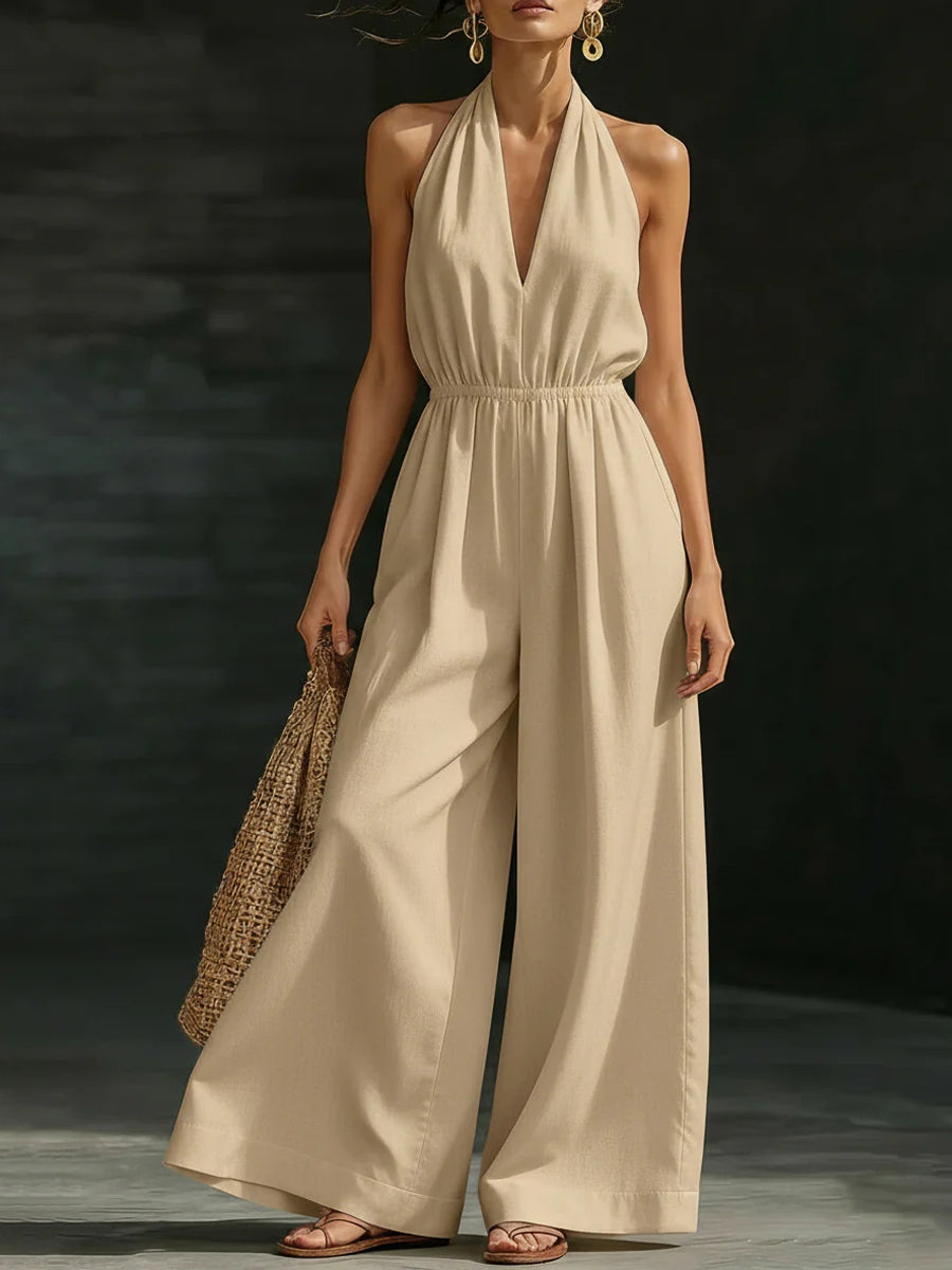 Casual Effen Kleur V-Hals Halter Rugloze Jumpsuit voor Dames