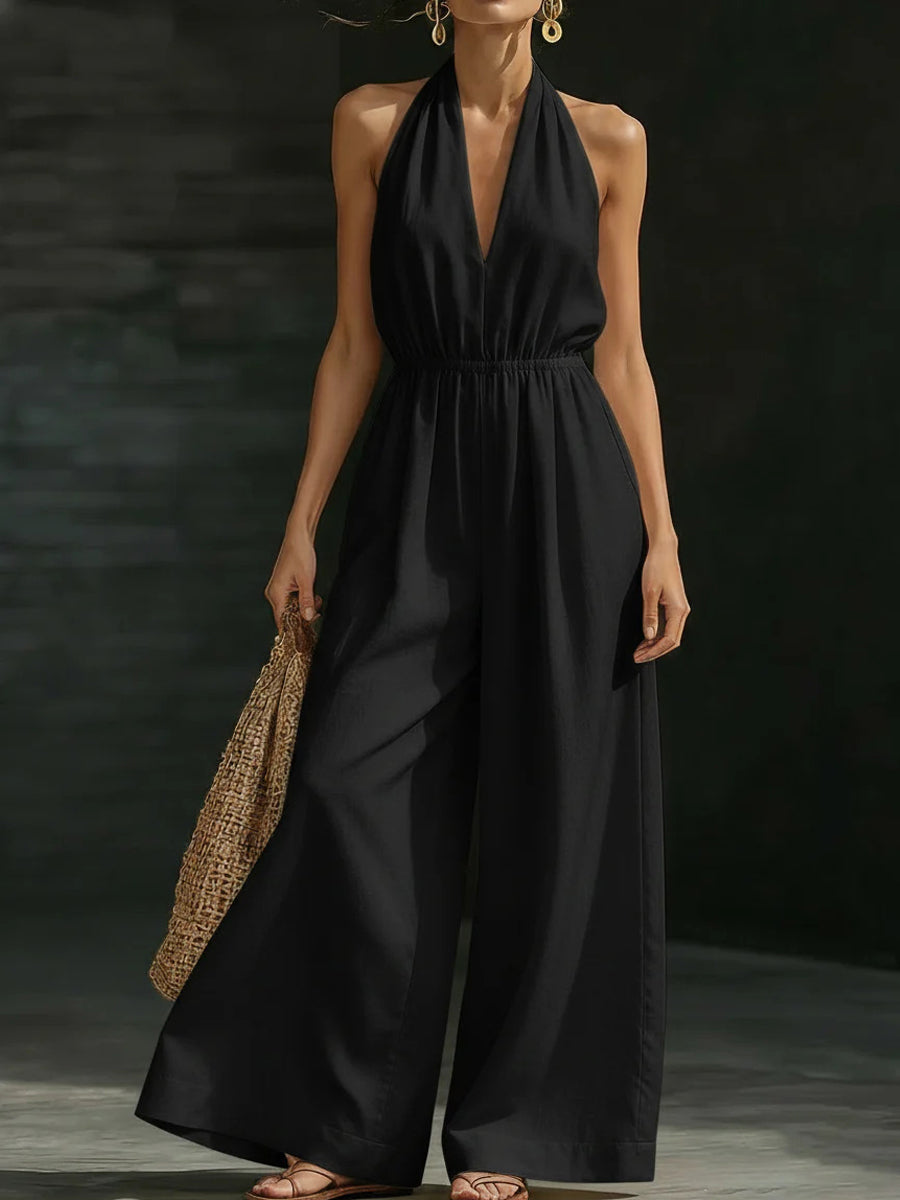 Casual Effen Kleur V-Hals Halter Rugloze Jumpsuit voor Dames