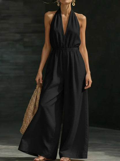 Casual Effen Kleur V-Hals Halter Rugloze Jumpsuit voor Dames