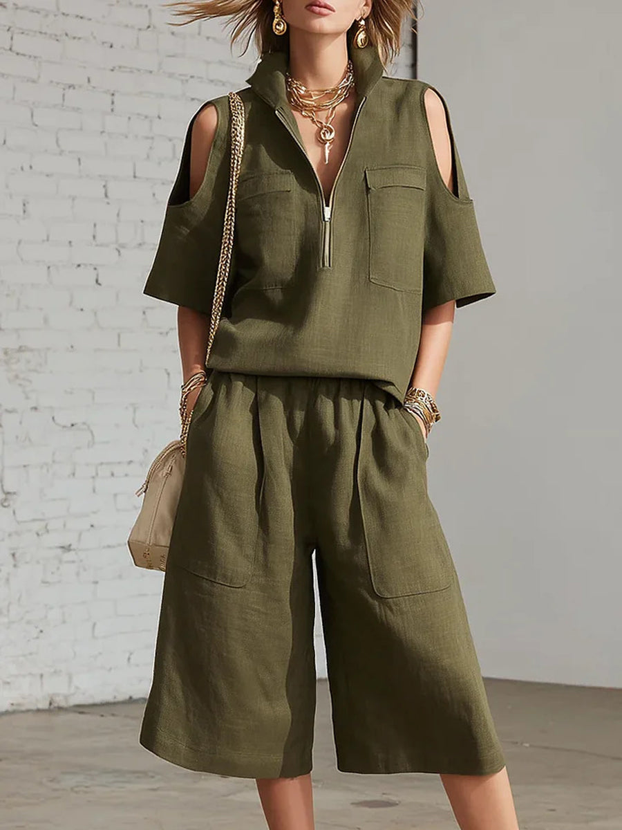 Korte broek met wijde benen voor dames Top met blote schouders Twee-delige set
