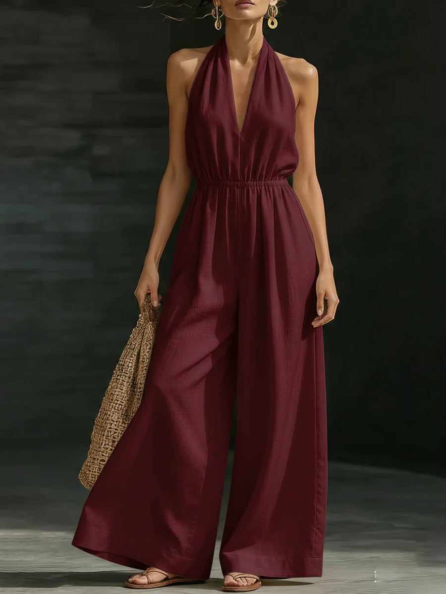 Casual Effen Kleur V-Hals Halter Rugloze Jumpsuit voor Dames