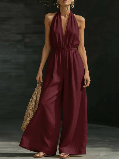 Casual Effen Kleur V-Hals Halter Rugloze Jumpsuit voor Dames