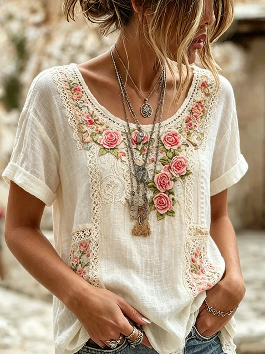 Vintage casual top voor dames met artistieke bloemenprint