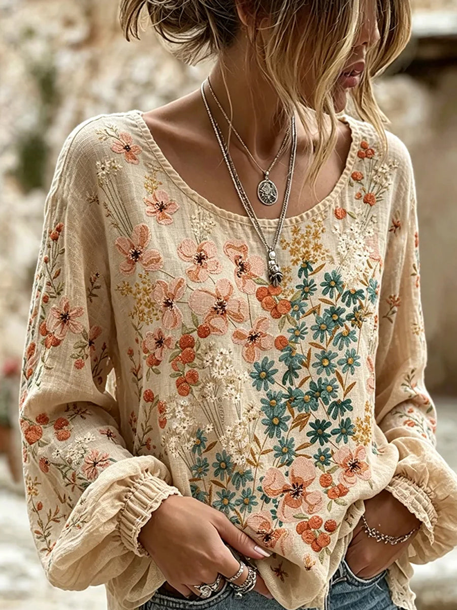 Losse katoenen-linnen top voor dames, vintage bloemenprint