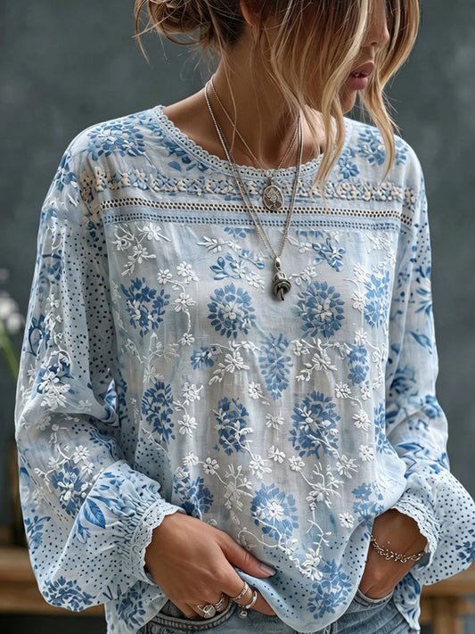 Losse katoenen-linnen top voor dames, vintage bloemenprint