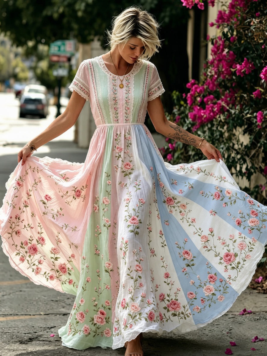 Bohemian midi-jurk voor dames, met ronde hals, korte mouwen en artistieke bloemenborduurwerk