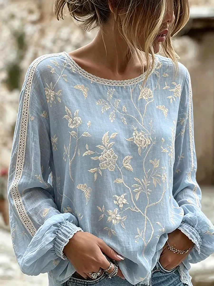 Casual katoen-linnen top voor vrouwen, vintage bloemenprint