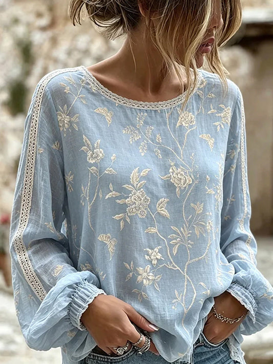 Casual katoen-linnen top voor vrouwen, vintage bloemenprint