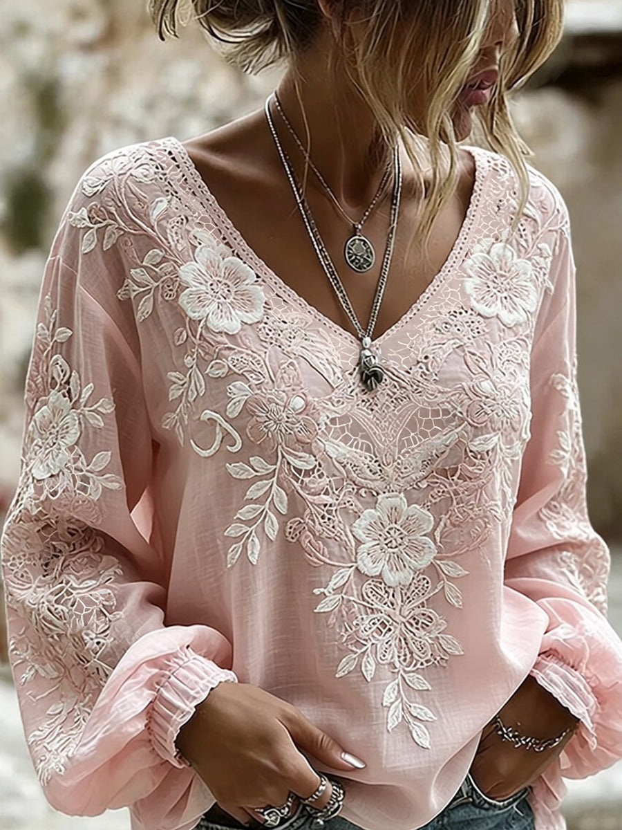 Casual katoen-linnen top voor dames, vintage bloemenprint
