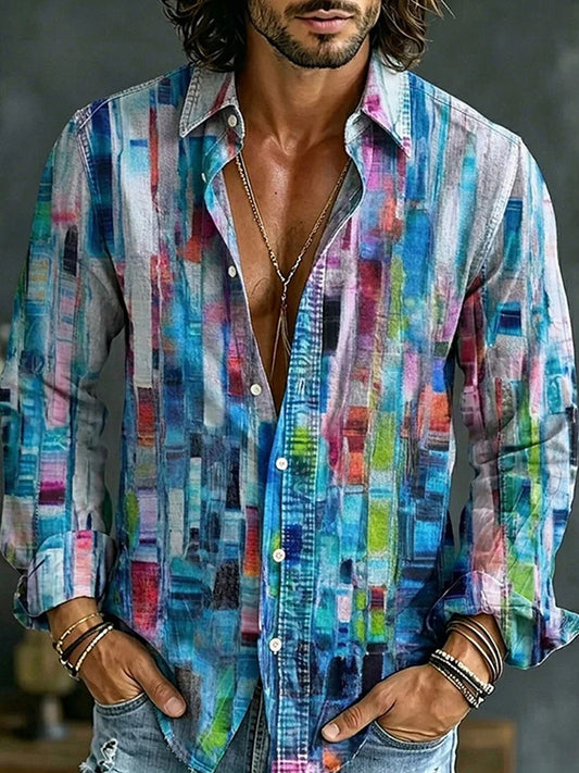 Casual katoenen linnen overhemd met retro abstracte kunstprint