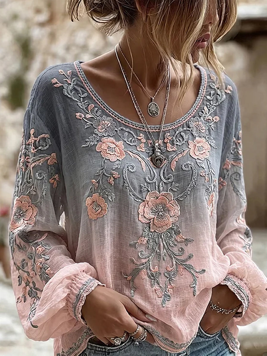 Casual katoen-linnen top voor dames, vintage bloemenprint