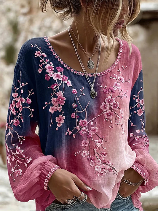 Casual katoen-linnen top voor vrouwen, vintage bloemenprint