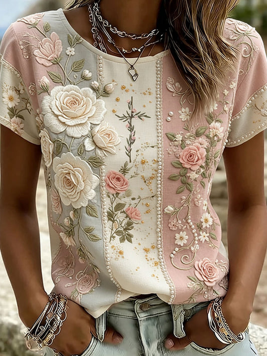 Comfortabele T-shirt voor vrouwen, vintage stijl, artistieke bloemenprint