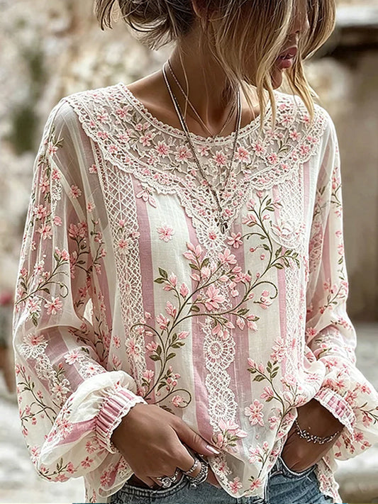 Casual katoen-linnen top voor dames, vintage bloemenprint