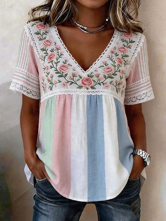 Dames casual top, retro stijl, kleurblokken, bloemenprint, V-hals