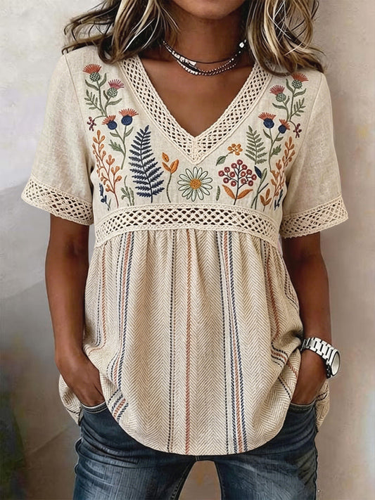 Retro blouse voor dames van katoen-linnen, met V-hals, met bloemen- en streepmotief, in patchwork