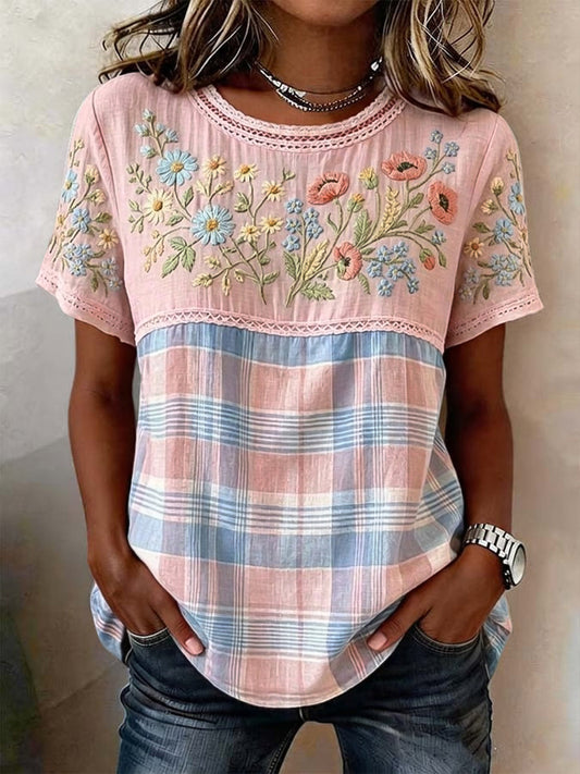 Retro romantisch bloemen- en ruitjes T-shirt voor vrouwen in katoen-linnen