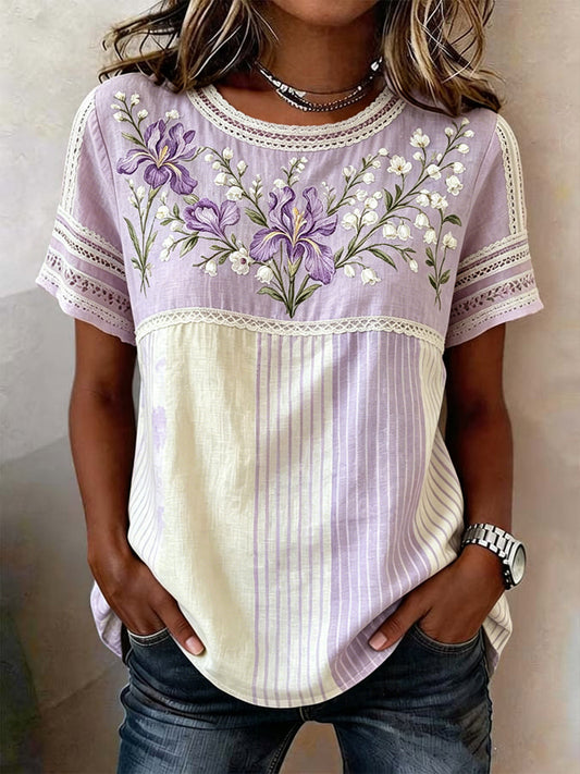 Retro romantische bloemen patchwork T-shirt van katoen en linnen voor vrouwen