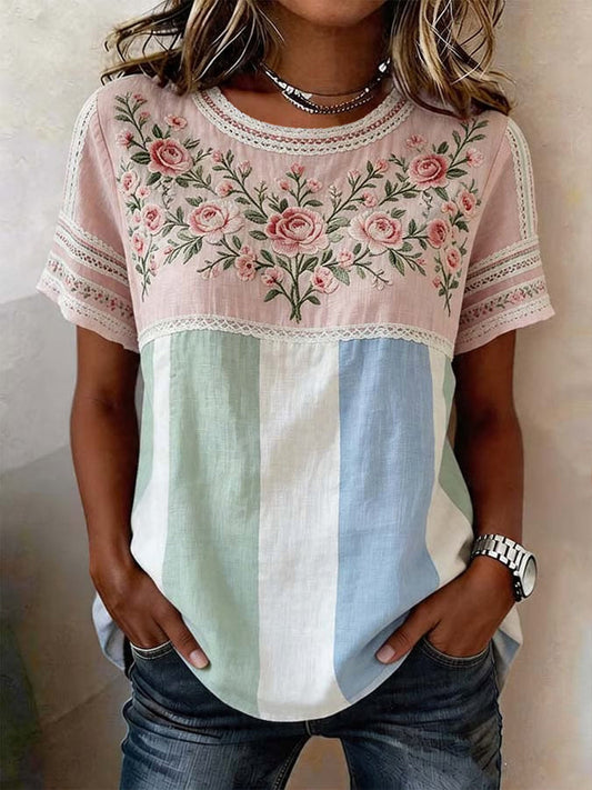 Casual T-shirt van katoen-linnen, retro stijl, kleurrijk, met bloemenmotief en patchwork, voor dames