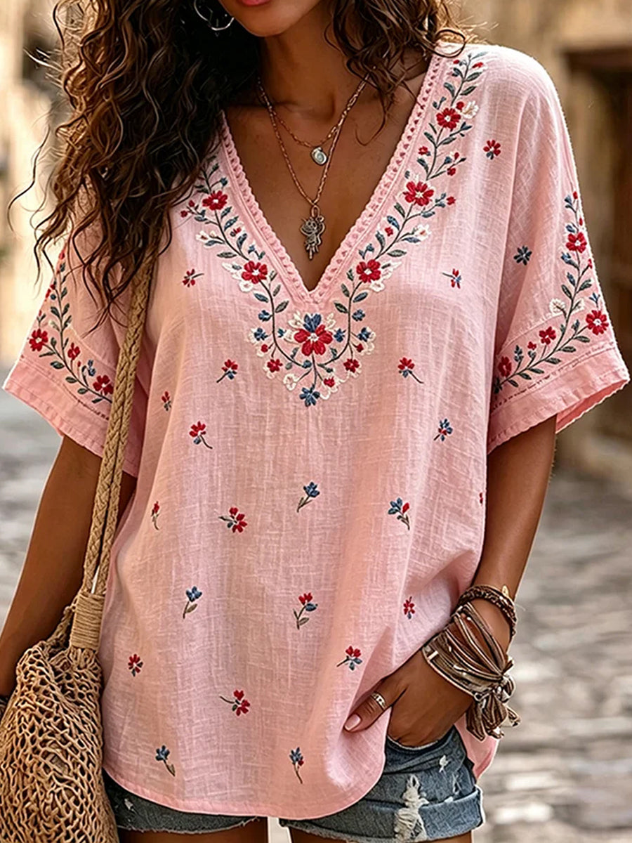 Casual katoen-linnen top voor dames, vintage stijl met artistieke bloemenprint