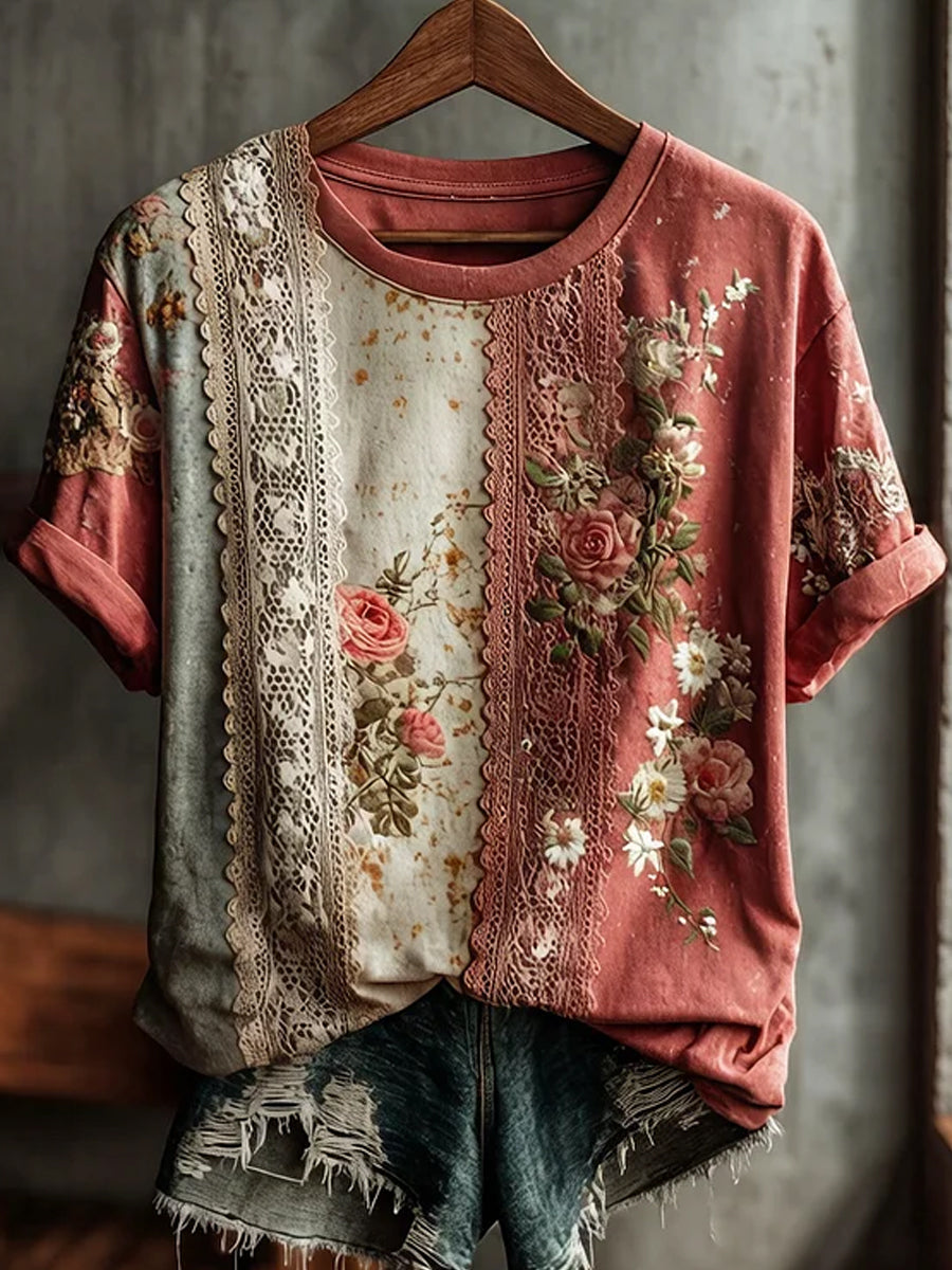 Casual en comfortabele T-shirt met retro bloemkunstprint