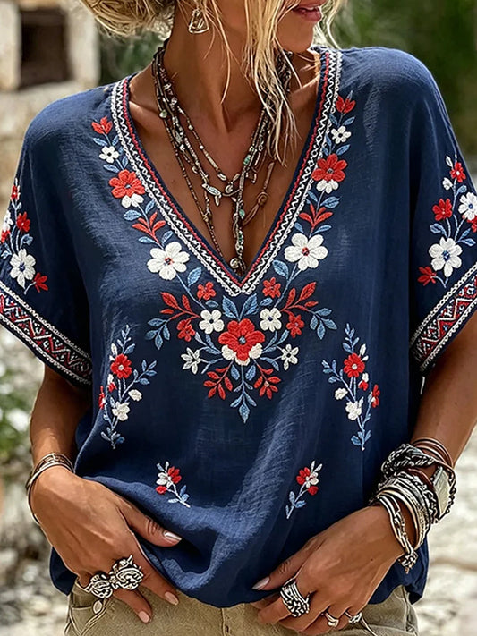 Casual katoen-linnen top voor dames, vintage stijl met artistieke bloemenprint