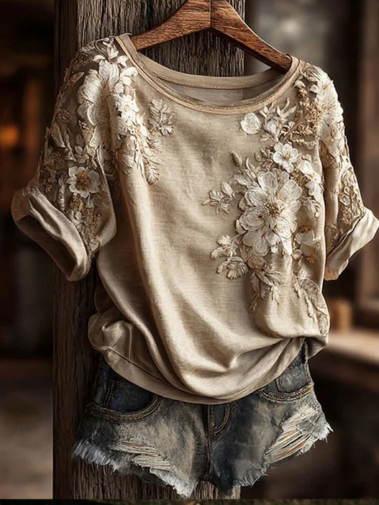 Ontspannen en comfortabele T-shirt met retro bloemenkunstprint