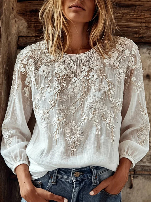 Losse katoenen-linnen top voor dames, vintage stijl met artistieke bloemenprint