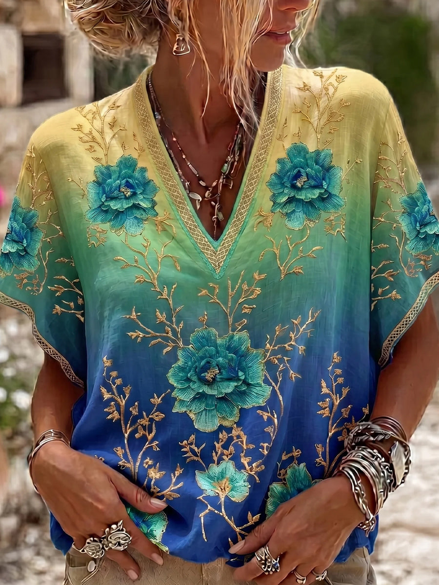 Luchtige katoenen-linnen top voor dames, vintage stijl met artistieke bloemenprint