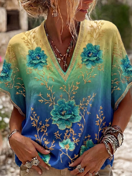 Luchtige katoenen-linnen top voor dames, vintage stijl met artistieke bloemenprint